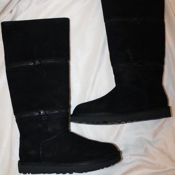 NIB UGG WOMEN'S ULTRA TALL SUEDE SHEARLING LINED ZIPPER ACCENT BOOTS BLACK - Picture 11 of 11